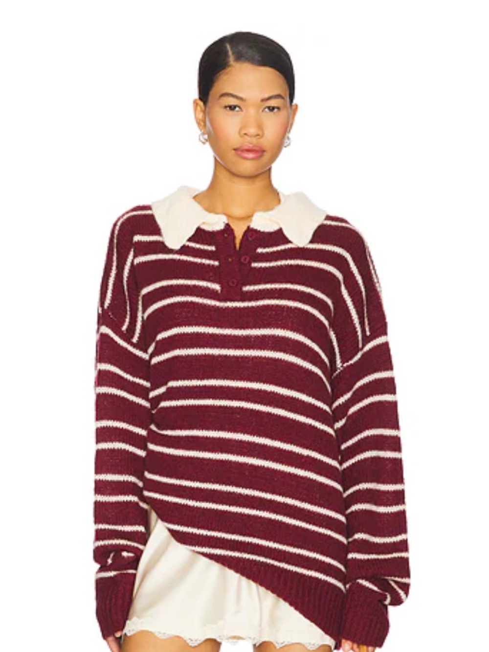 Lioness Striped Polo Collar Knit Sweater in Maroon Burgundy and Cream S/M